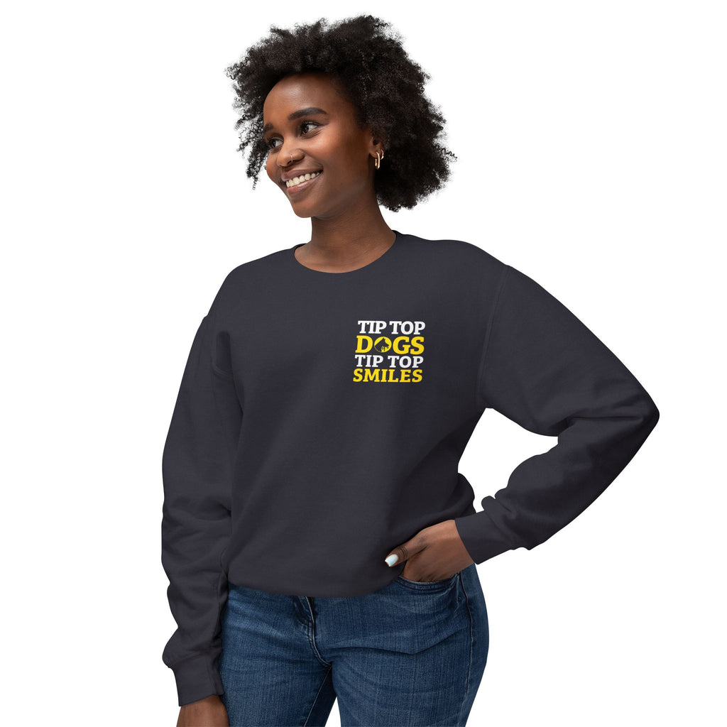 Dog Smile Crewneck Sweatshirt — "Tip Top Dogs Tip Top Smiles" Graphic